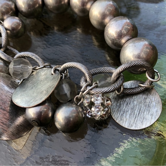 Bold Bangle Silvertone Rhinestones & Beads - Picture 6 of 8